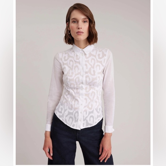 Anne Fontaine Ermine White Cotton Stretch Shirt With Arabesque Design